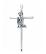 8.25&quot; SILVER PLATED METAL WALL CROSS WITH KNEELING FIRST COMMUNION BOY - £23.69 GBP