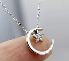 1Ct Round Cut Lab Created Diamond Moon-Star Fancy Pendant 14K White Gold Plated - $92.55