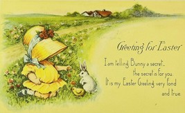 c. 1916 Little Girl Bonnet Easter Bunny and Baby Chick a Secret Antique Postcard - £3.93 GBP