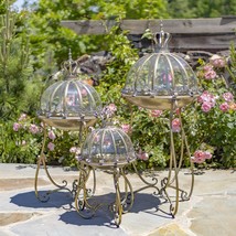 Set of 3 Glass Dome Terrariums with Iron Stands in Frosted Gold/Silver M... - £455.28 GBP