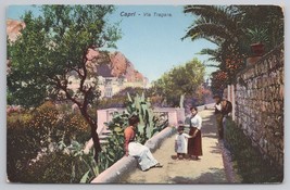 Capri Via Tragara Italy Scenic View People And Mediterranean Landscape Postcard - $14.45