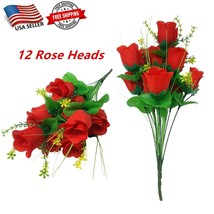 12 Red Rose Buds, Artificial Silk Flowers, Wedding Bouquets, Home, Faux Roses - £7.90 GBP