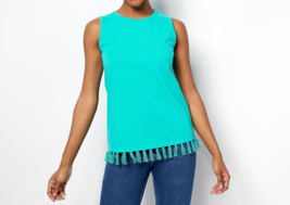 Denim &amp; Co. Perfect Jersey Round Neck Tank with Fringe Bright Aqua, Medium - £19.12 GBP