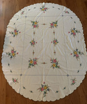 Vintage Hand Embroidered Cotton Cross Stitch Oval Tablecloth Roses - $120.00