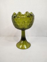 Vintage Avocado Green Indiana Glass Pedestal Compote Dish Diamond Quilte... - £18.67 GBP
