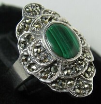 925 Sterling Silver Malachite &amp; Marcasite Ring Sz 6.75 Gorgeous Ladie&#39;s ... - $652.37 MXN