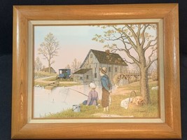 VINTAGE! C. Carson Children Fishing Oil Print Framed Canvas Size 12” X 16” Wood - £39.04 GBP