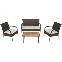 4 Pieces Patio Cushioned Wicker Conversation Set with Acacia Wood Tabletop - Col - $5,672.81 MXN