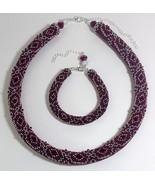 Burgundy-Silver Jewelery set: beaded rope-necklace and bracelet, Handmade - $78.65 CAD