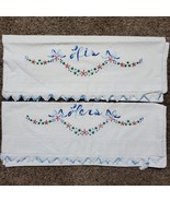Vintage HIS HERS Pillow Case Cover SET of 2 Blue w/ Crochet Edge 28x20 Inch - $14.00
