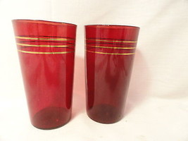 2 Ruby Depression Glass Tumblers Gold Rings  4 3/4 Inch - $7.99