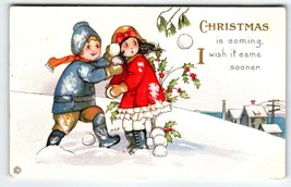 Christmas Postcard Boy Girl Throw Snowballs MEP 1915 Stecher Series 417B M Price - £13.55 GBP