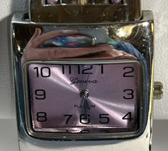 Wristwatch Geneva Quartz Silver Tone Cuff Bracelet Fabric New Battery Cl... - $9.50
