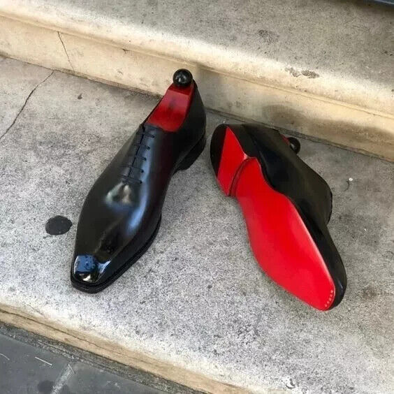 Men's Custom Made Black Calf Leather Red Sole Shoes Whole Cut Oxfords Shoes