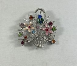 Vintage Silver Tone Enamel Flower Bouquet in Basket Brooch Pin Rhinestones - £19.78 GBP