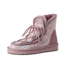Size 34-43 Women Shoes Snow Boots Winter Warm Flat Heel Rhine Stone Sweet Fashio - £137.62 GBP