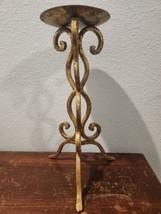Vintage Wrought Iron Pillar Candle Stand Bronzed Gold Colored 12&quot; Tall w/Candle  - £12.44 GBP