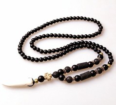 Men Bead Necklace Pendant Black Cross Teeth Hematite Strand Type Jewelry 60CM - £18.42 GBP