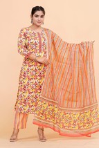 Trendy Womens Yellow Flower Print Cotton Stitched kurti pant with dupatta - £38.64 GBP