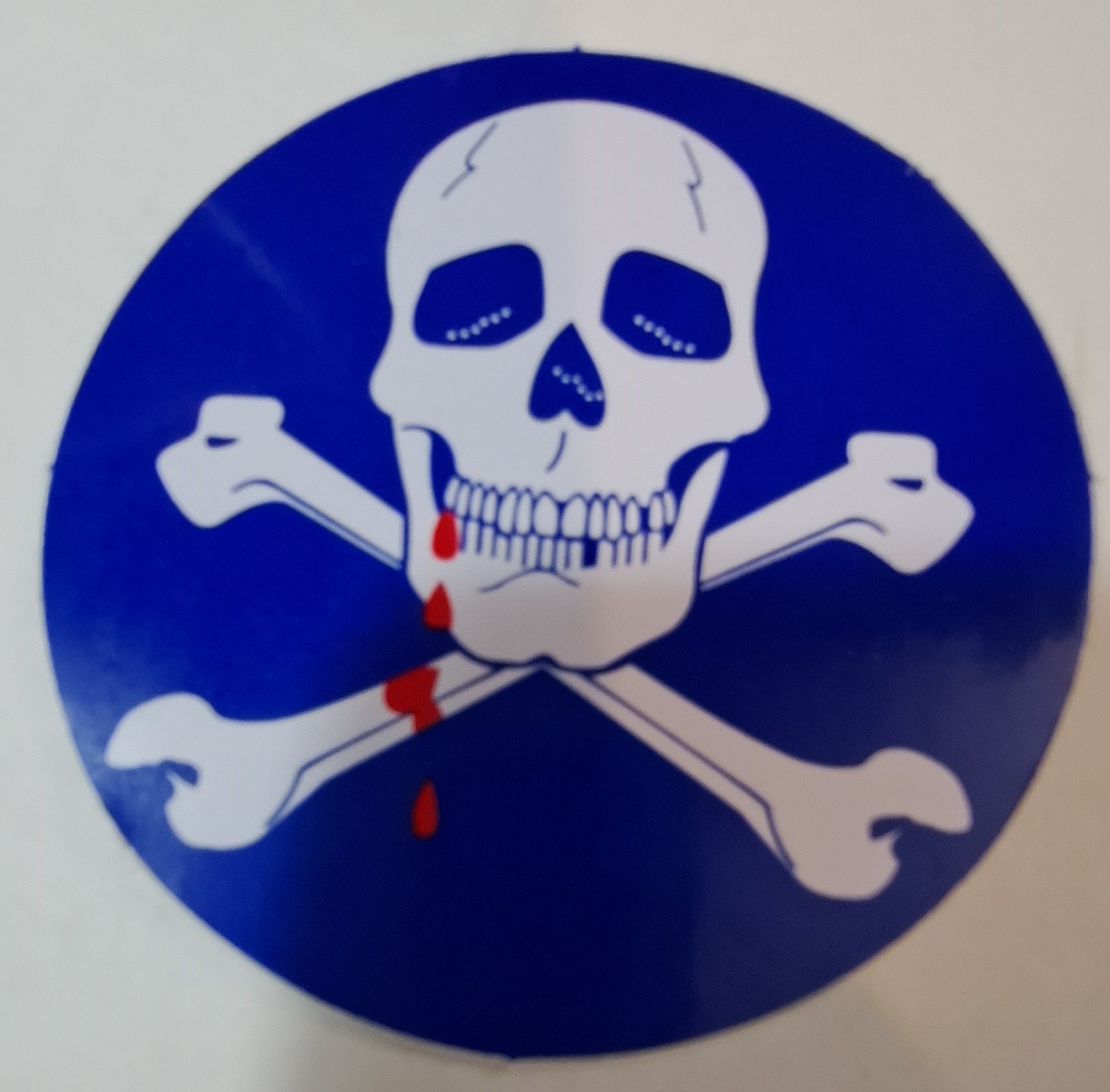 Primary image for Skull & Crossbones with blood dripping blue vinyl sticker 3" round