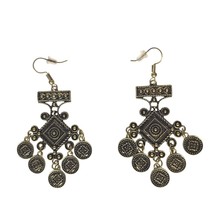 Boho Tribal Earrings Antique Gold Tone Filigree Dangle Drop Coin Charm J... - $15.25