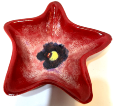 Vintage Handmade Pottery Star Shaped Bowl Red Blue Artist Signed 7 x 1.5 in - £17.28 GBP