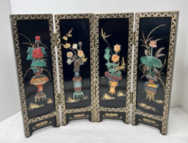 VTG Asian Style Ebonized Chinoiserie Four-Panel Mini Screen Floral Table... - $34.65
