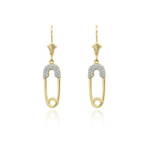 10K Solid Yellow Gold Small Diamond Safety Pin Earrings - £303.67 GBP