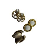 Vintage Lot 3 Gold Tone Clip On Earrings Button Twisted Faux Pearl Textured - £14.79 GBP