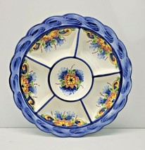 Divided Appetizer Dish Portugal Hand Painted Ceramic 6 Sections Blue Floral - £34.26 GBP