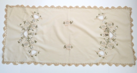 Beige Dresser Scarf Table Runner 36&quot; X 16&quot; with Crochet Edge Embroidery Cutwork - £7.73 GBP