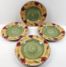 (4) Pier 1 Elizabeth Salad Plates Set Red Floral Handpainted Stoneware Dish Lot - £35.83 GBP