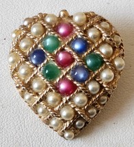 HEART BROOCH PIN FAUX PEARLS GREEN RED BLUE CABOCHONS 1960S 1 1/2&quot; TALL ... - $19.99