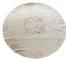 Vintage Floral Embroidered Round Tablecloth - 68&quot; Diameter - Cotton &amp; Li... - $44.87