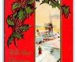 Christmas Wishes Winter Landscape Windmill Red Border Embossed DB Postca... - $4.90