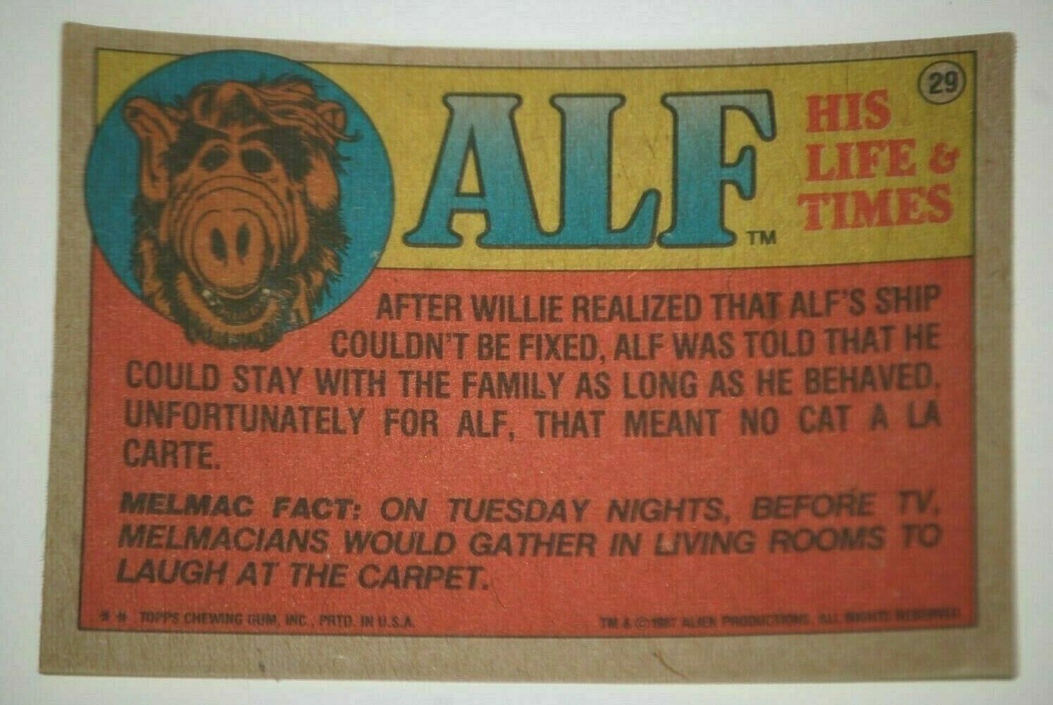 1987 Topps Alien Productions ALF #29 Non Sport Trading Card Alf TV Show  Item image 2