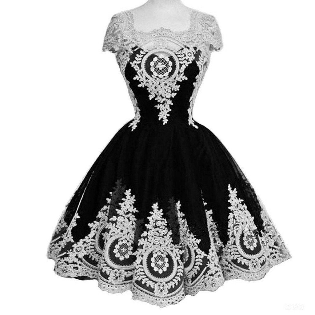 Kivary Vintage Short Little Black and White Lace Corset Lolita Prom Homecoming D