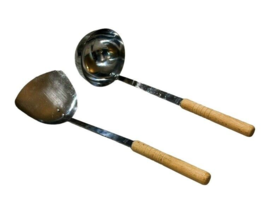 Vintage Stainless Steel Wok Scoop Spatula and Ladle Long Wood Handles Set JAPAN - £20.67 GBP