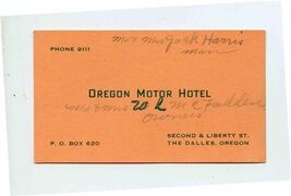 Oregon Motor Hotel Business Card 1940's The Dalles Oregon - $17.82