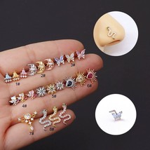 1PC L Shaped Stainless Steel Nose Studs Piercing Body Jewelry Colorful CZ Butter - £10.38 GBP