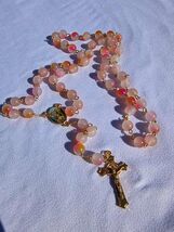 Rosy Dawn – 8mm Frosted Pink Sunrise Glass Rosary with Gold Crucifix A19 - $29.69