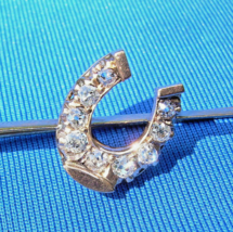 Earth mined Diamond Antique Cushion cut Deco Horseshoe Brooch Equestrian Pin 14k - $2,180.25