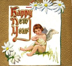 c1920 Happy New Year Greetings Angel Daisies Embossed Postcard Divided Back - £7.18 GBP