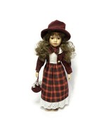 Porcelain Collectible Doll Red Plaid Dress With Hat 16&quot; Vintage - £18.28 GBP