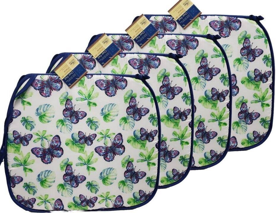 Primary image for Set of 4 Same Printed Thin Cushion Chair Pads w/blue ties,BUTTERFLIES &LEAVES,GR