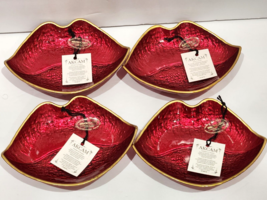 Rare Valentines Akcam Red Lips Shaped Appetizer Side Glass Plates Set of 4 - $68.99