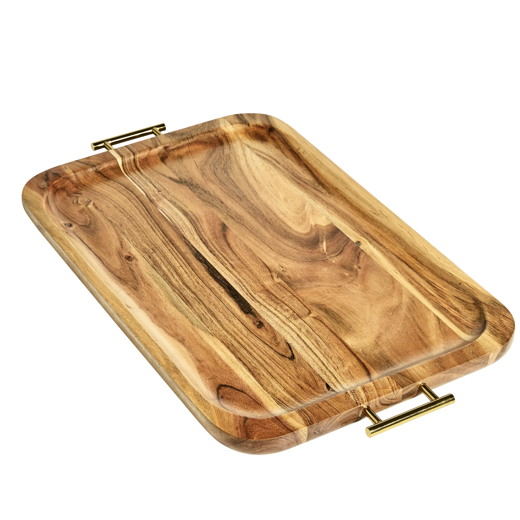 Better Homes &amp; Gardens- Acacia Wood Rectangle Tray with Gold Color Handl... - $15.94