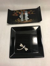 Pair lacquered tray oriental mother pearl ASIAN Vietnam black geisha dragonfly - £31.74 GBP