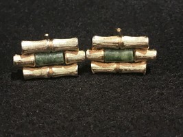 Vtg Gold Tone Bamboo Style With Green Stone Jade? Cuff Links - £24.08 GBP