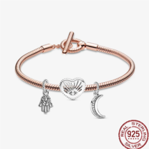 925 Sterling Silver Rose Gold T-Bar Snake Chain Charm Bracelet - £38.36 GBP